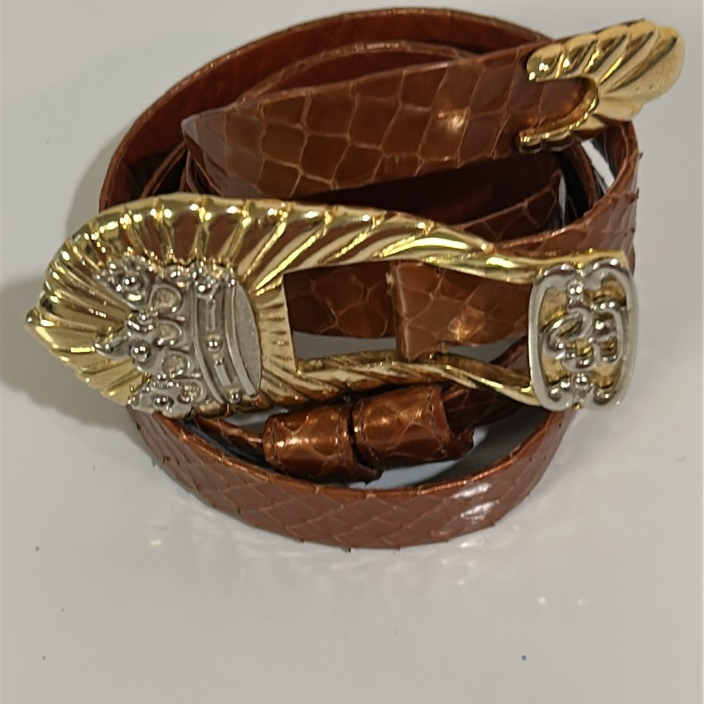 Vintage Judith Leiber Snake-Embossed Leather adjustable Belt .Gold Crown Buckle
